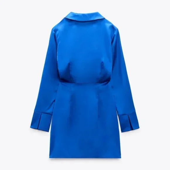 Zara Blue Mini Dress Long Sleeve Notched Collar - Picture 8 of 8